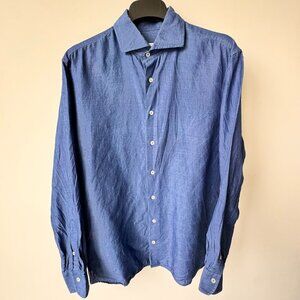 Atelier Munro Linen Blend Long Sleeve Dress Shirt Blue